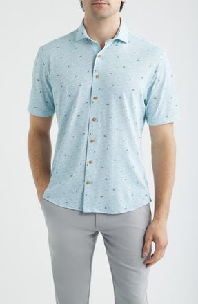 Johnnie-O Rowing Hangin Out Surfer Print Knit Short Sleeve Button-Up Shirt in White/blue Multi at Nordstrom, Size Xx-Large