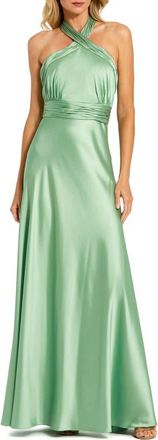 Mac Duggal Ruched Halter Neck Tie Back Satin Gown in Sage at Nordstrom, Size 12