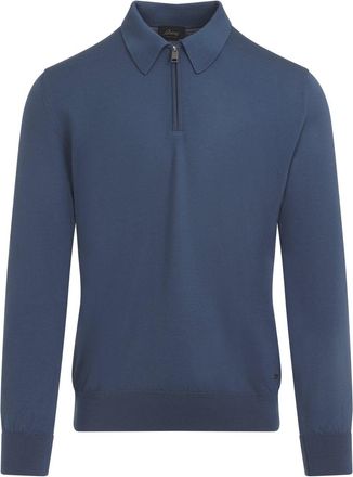 Brioni Nile Blue Wool Long Sleeves Zip Polo-Uomo