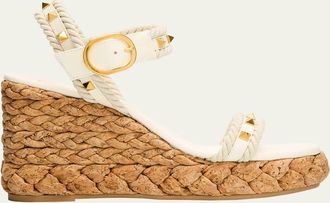 Valentino Garavani Rockstud Leather Wedge Espadrille Sandals