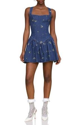 Avec Les Filles Embroidered Denim Romper in Kauri Wash W/Ditsy F at Nordstrom Rack, Size 14