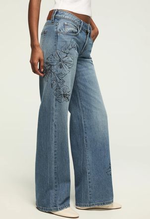 Lucky Brand Womens Embroidered Baggy Wide Leg