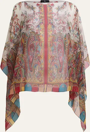 Etro Paisley Foliage Motif Silk Poncho Top