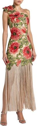 Mac Duggal Embroidered One Shoulder Dress With Fringe Hem in Nude Multi at Nordstrom, Size 12