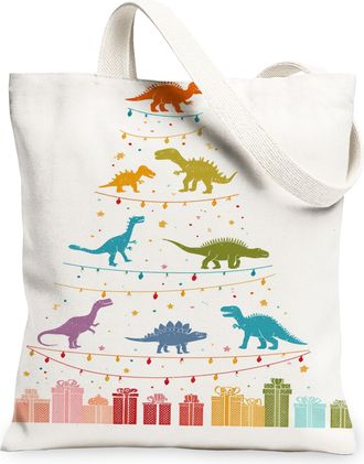 Generic Christmas Dinosaurs Canvas Tote Bags, Fun Holiday Dinosaur Pattern Reusable Grocery Bags, Lightweight Washable Shoulder Str, White, 13x15 Inch