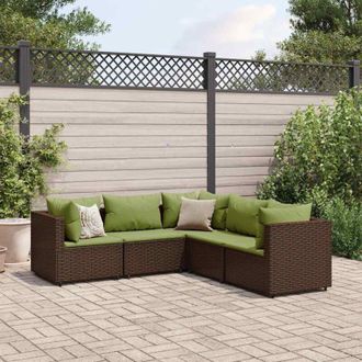 vidaXL Set Muebles De Jard&iacute;n 5 Piezas Y Cojines Rat&aacute;n Sint&eacute;tico Marr&oacute;n Vidaxl