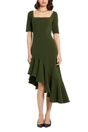 Mac Duggal Crepe 3/4 Sleeve Asymmetrical Hem Belted Dress in Dark Green at Nordstrom, Size 2