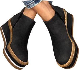 Generic Women Wedge Ankle Boots,Platform Wedge Ankle Booties for Women,Solid Colors Platform Low Round Toe Boots,Casual Leather Round Toe Chunky Bottom High H