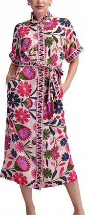 Glam Leighton Floral Belted Midi Dress In Pink Multi