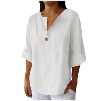Generic Plus Size Ladies 3/4 Sleeve Linen Tops for Women UK Sales Short Sleeve Cotton Linen Tops Summer V Neck Casual Loose Vacation Beach Solid Color Blouses