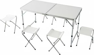 Relaxdays Relaxdays Mesa De Camping Plegable, 4 Taburetes, Altura Regulable, Con Asa De Transporte, Aluminio, Mdf, Blanca