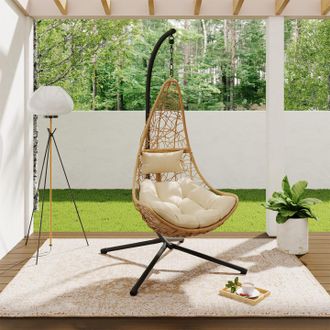 IDMarket Sill&oacute;n Colgante Media Luna Efecto Rat&aacute;n Con Coj&iacute;n Crudo