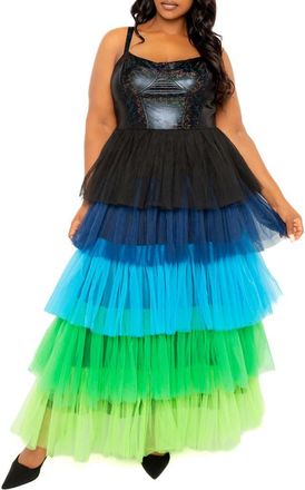 Buxom Couture Colorful Tiered Faux Leather & Tulle Maxi Dress in Blue Multi at Nordstrom, Size 2 X