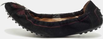 Tod's Tods Black Suede Scrunch Feather Embellish Ballet Flats