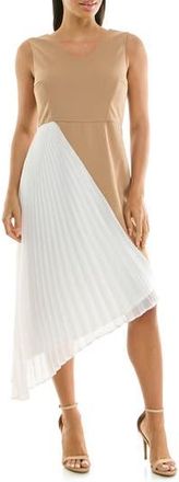 Nina Leonard Asymmetric Pleated Midi Dress in Tan/Ivory at Nordstrom Rack, Size X-Large