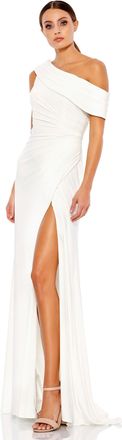 Mac Duggal Foldover off-the-shoulder slit gown