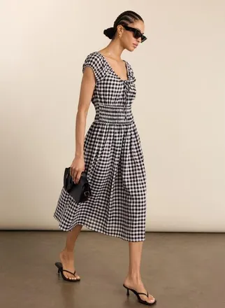 Baukjen Emily Linen Gingham midi Dress in Black & White at Nordstrom, Size 14