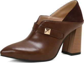 Generic Womens Stylish Pointed Toe Leather Pumps Chunky Block Heels Adjustable Buckle Strap Cushioned Insole Office Evening Party Dress Shoes,Brown,4.5 UK