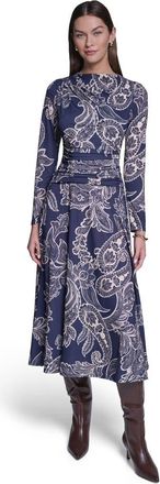 Halston Heritage Long Sleeve Paisley Printed Jersey Midi Dress in Navy Multi at Nordstrom, Size 16