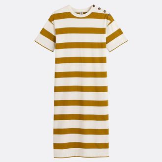 La Redoute Collections Lange gestreepte jurk met knoopjes op de schouder en korte mouwen