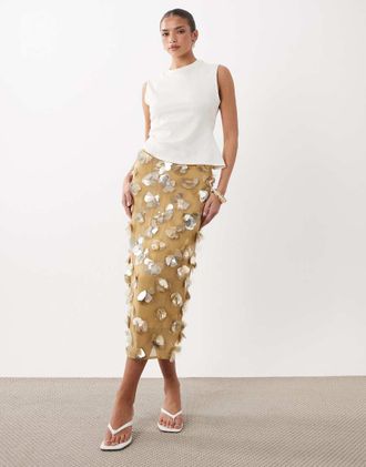 Asos Gonna midi voluminosa oro decorata con fiori 3D