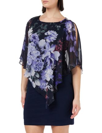 Gina Bacconi Printed Asymmetric Embellished Dress, Navy Multi, 14