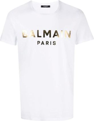 Balmain T-Shirts, male, White, S, Gold Foil Logo T-Shirt