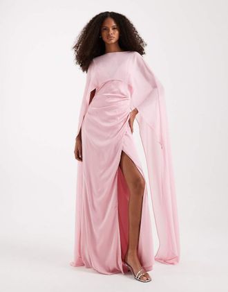 Tfnc Vestito lungo da cerimonia in raso rosa con mantella in rete