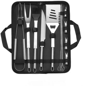 OEM Juego De 10 Utensilios De Acero Inoxidable Para Barbacoa: Pinzas, Esp&aacute;tula, Tenedor, Cepillo, Cuchillo Y Brochetas. Incluye Bolsa De Transporte