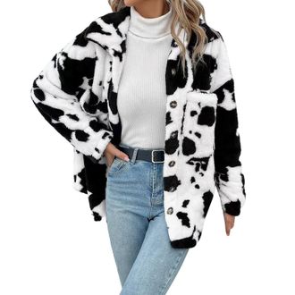 Generic Fleece Jacket Women Plus Size - Winter Jackets for Women Ladies Short Jackets with Pockets Cow Print Womens Teddy Fleece Jacket Plush Long Sleeve Lape