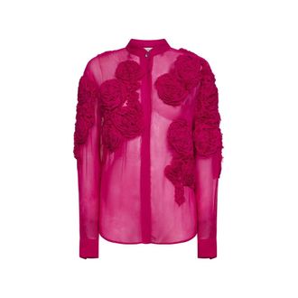 Dries Van Noten Shirts, female, Pink, Size: S Embroidered Silk Muslin Shirt