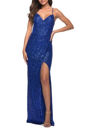 La Femme Long Sequin Prom Dress with Open Lace Up Back in Royal Blue at Nordstrom, Size 10