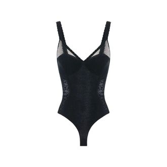 Elisabetta Franchi Tops, Dames, Zwart, M, Katoen, Bodysuit in gebreide stof en kant