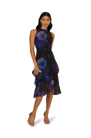 Adrianna Papell Womens Halter Glitter Midi Dress - Black - Size 6 UK
