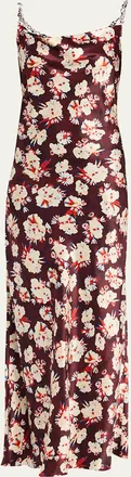 Paco Rabanne Chain Cowl-Neck Floral Satin Maxi Slip Dress
