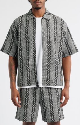 Icecream Vertical Stripe Short Sleve Knit Zip-Up Shirt in Whisper White at Nordstrom, Size Large