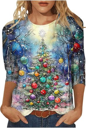 Generic Christmas Tops Ladies - Women Christmas Tree Print Xmas T-Shirts Plus Size Novelty Funny 3/4 Sleeve Elf Santa Print Reindeer Graphic Blouse Ugly Tee S