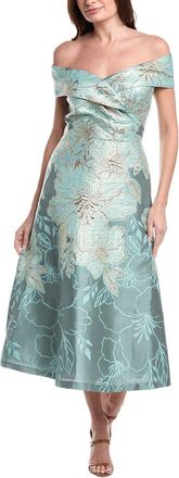 Teri Jon by Rickie Freeman Metallic Jacquard Floral Off Shoulder A-Line Dress