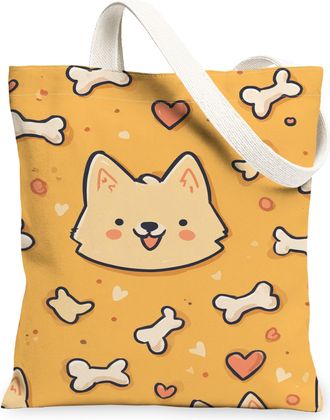 Generic Cute Animal Canvas Tote Bags, Adorable Dog Pattern Reusable Grocery Bags, Fun Lightweight Washable Shoulder Strap Canvas Fo, Yellow, 13x15 Inch