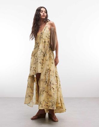 AllSaints Dorina - Vestito midi asimmetrico giallo a fiori con volant