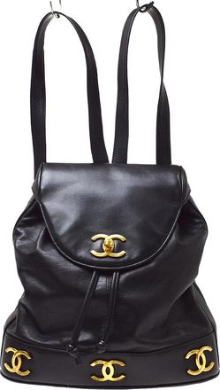 Chanel Cc Backpack Lambskin Black Leather Backpack Bag (Pre-Owned)