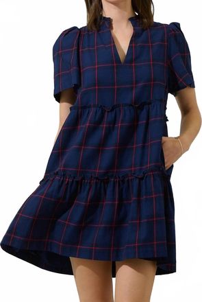 Sugarlips Holbrook Plaid Amelia Tiered Babydoll Short Sleeve Dress In Navy/red