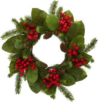 Nearly Natural 19In Magnolia Leaf, Berry And Pine Artificial Wreath