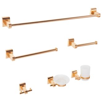 Beliani Beliani - Conjunto De 6 Accesorios De Ba&ntilde;o Estilo Moderno De Aluminio Brillante Vaso Y Jabonera De Vidrio Incluidos Dorado Talara