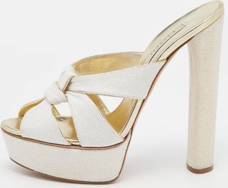 Casadei White/gold Woven Straw And Leather Platform Sandals