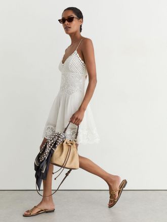 Reiss White Cotton-blend Lace-trim Flippy Dress, 16