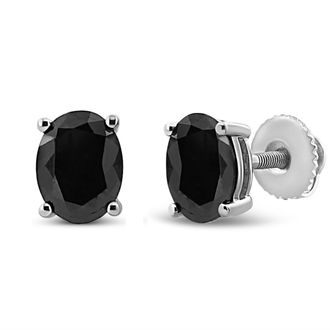 House of Brilliance 925 Sterling Silver Prong Set Treated Black Oval Diamond Stud Earring