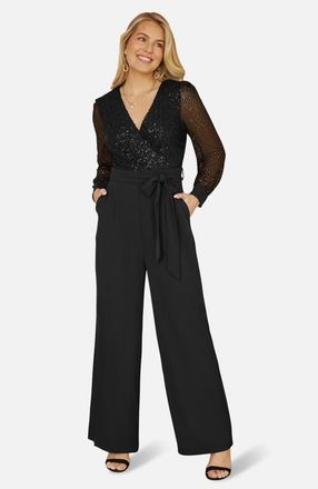 Yumi Sequin Wrap Over Jumpsuit in Black at Nordstrom, Size 10