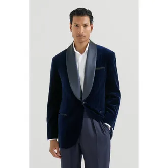 Brunello Cucinelli Cotton chalk stripe velvet tuxedo jacket with shawl lapels in Navy Blue at Nordstrom, Size 50