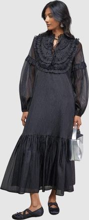 Warehouse Crinkle Stripe Frill Midi Dress in Black at Nordstrom, Size 4